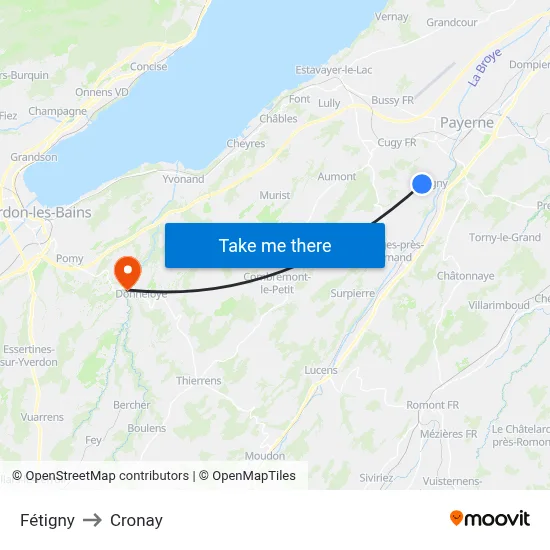 Fétigny to Cronay map