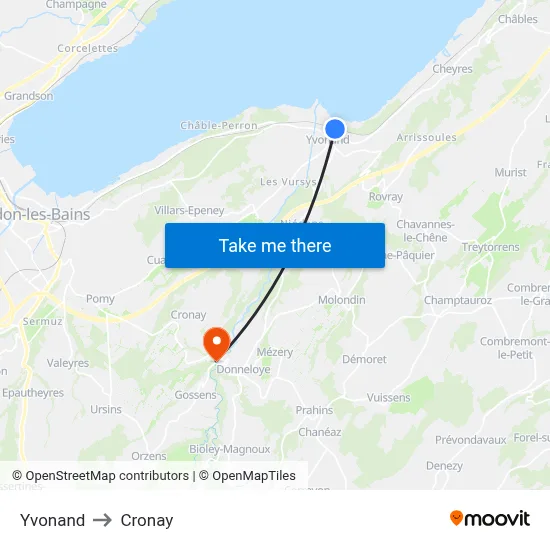 Yvonand to Cronay map