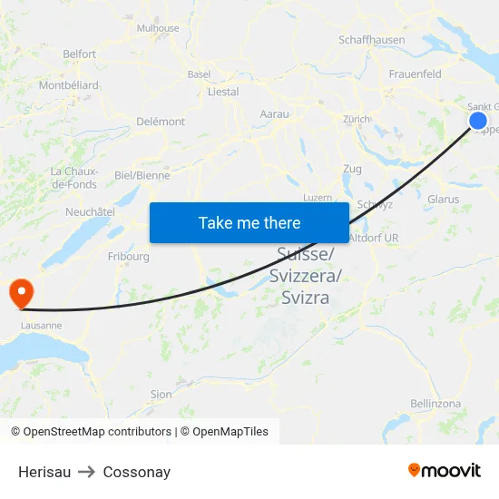 Herisau to Cossonay map