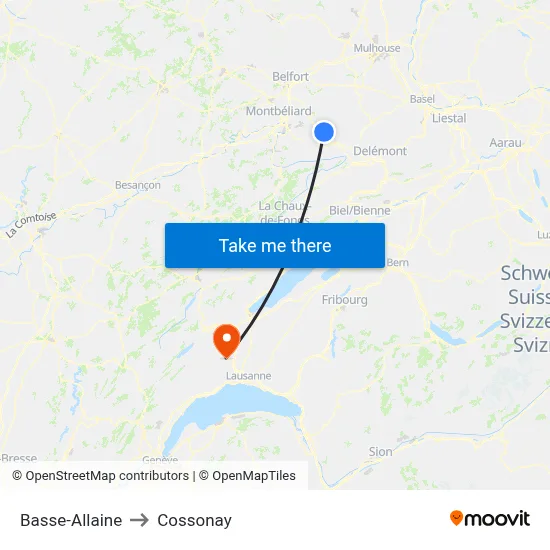 Basse-Allaine to Cossonay map