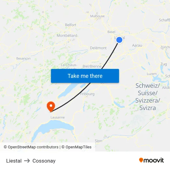 Liestal to Cossonay map