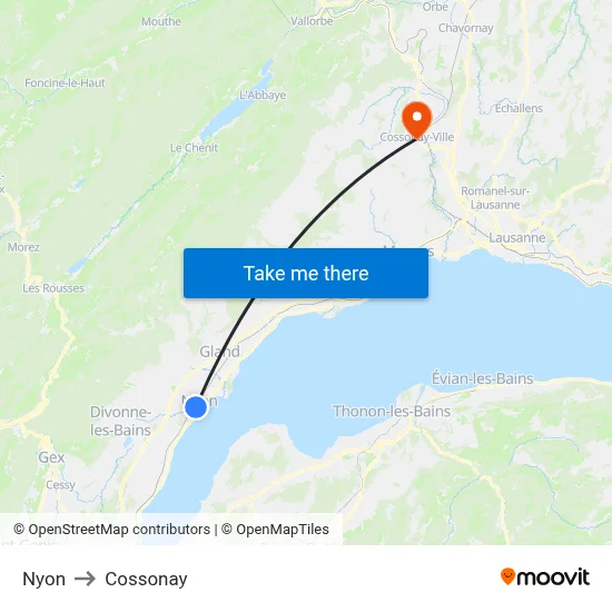 Nyon to Cossonay map