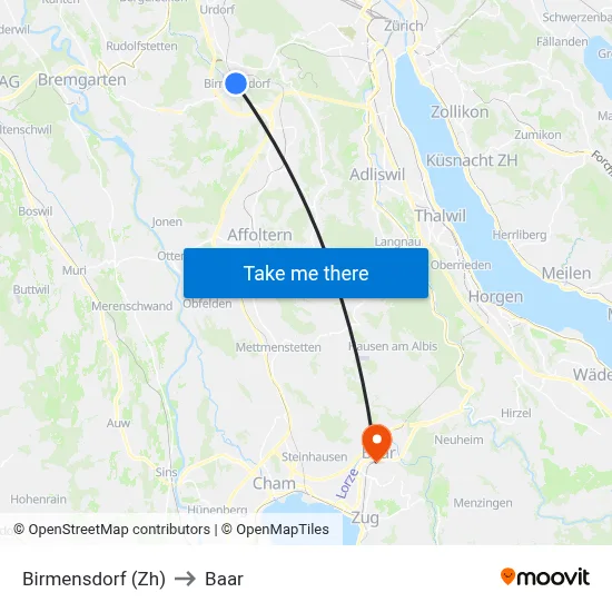 Birmensdorf (Zh) to Baar map