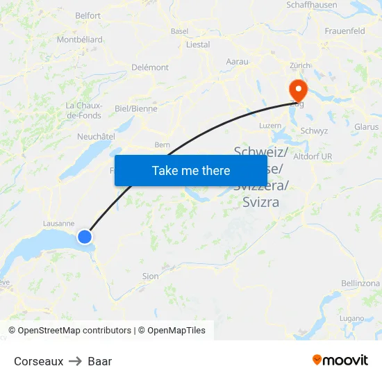 Corseaux to Baar map