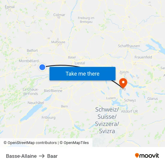 Basse-Allaine to Baar map