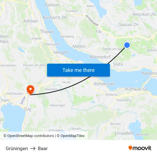 Grüningen to Baar map