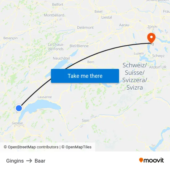 Gingins to Baar map