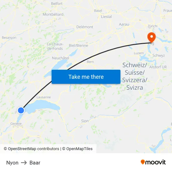 Nyon to Baar map