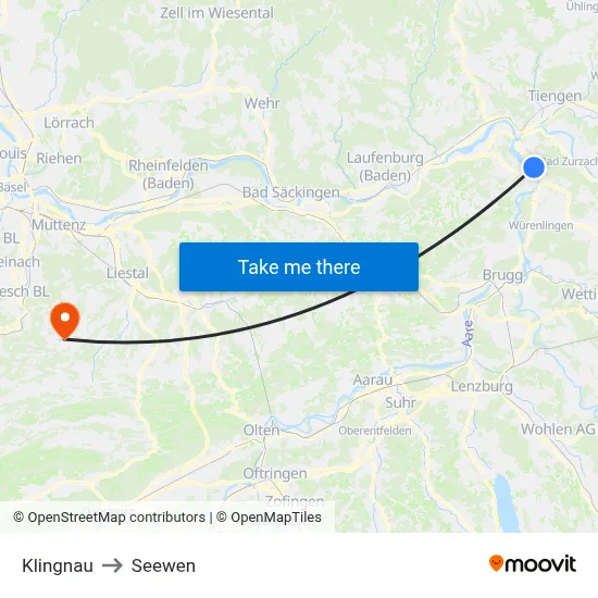 Klingnau to Seewen map