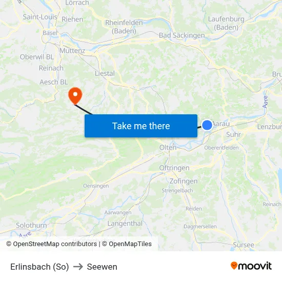 Erlinsbach (So) to Seewen map