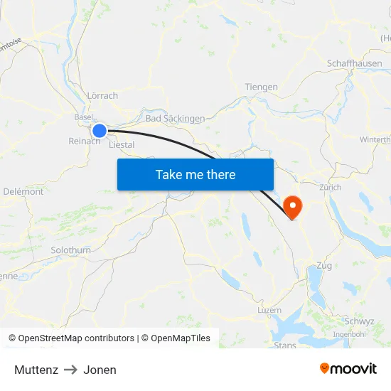 Muttenz to Jonen map