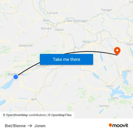 Biel/Bienne to Jonen map