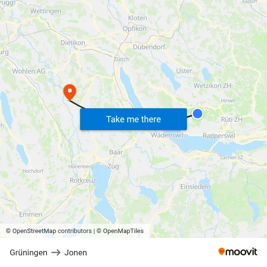 Grüningen to Jonen map