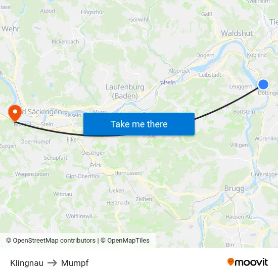 Klingnau to Mumpf map