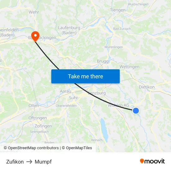 Zufikon to Mumpf map