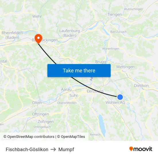 Fischbach-Göslikon to Mumpf map