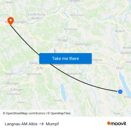 Langnau AM Albis to Mumpf map