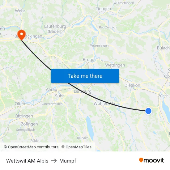 Wettswil AM Albis to Mumpf map