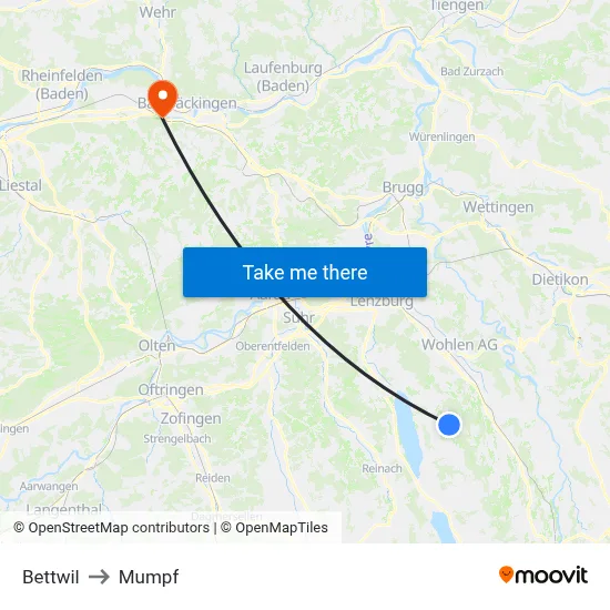 Bettwil to Mumpf map