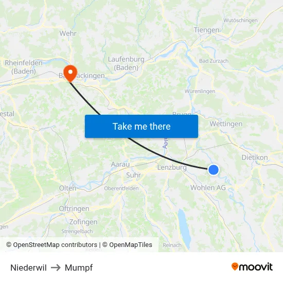 Niederwil to Mumpf map