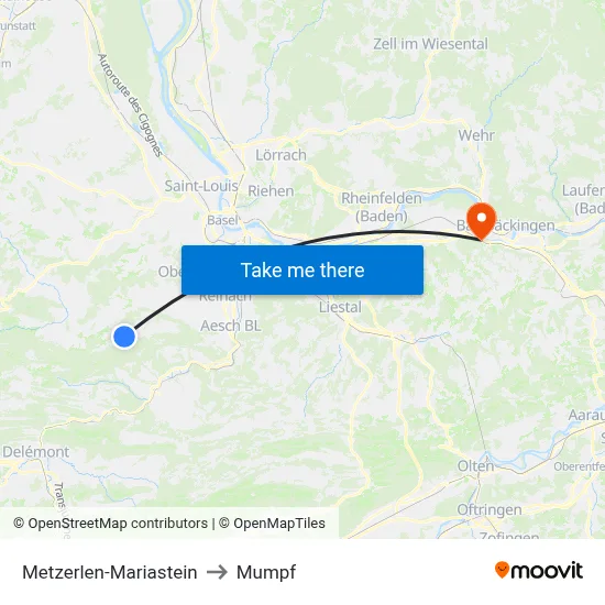 Metzerlen-Mariastein to Mumpf map