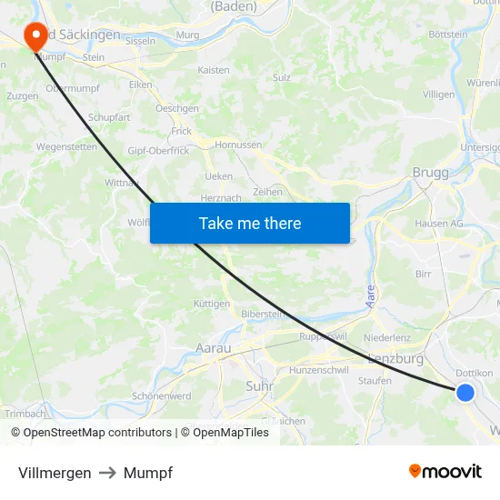 Villmergen to Mumpf map