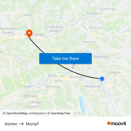 Künten to Mumpf map