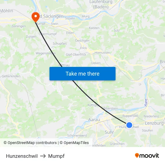 Hunzenschwil to Mumpf map