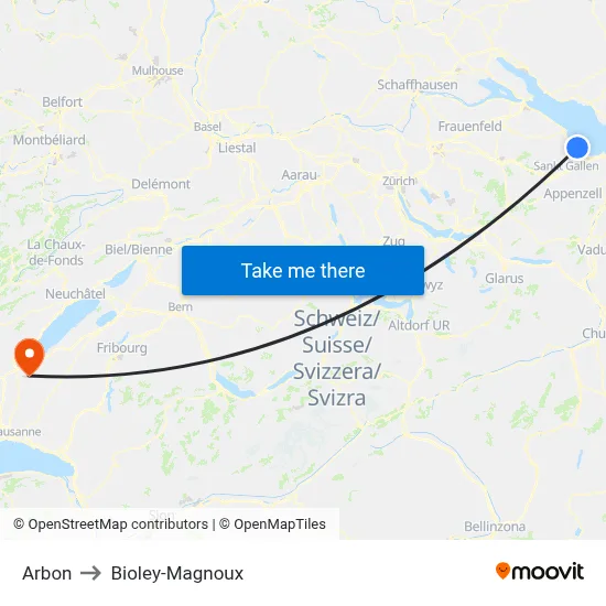 Arbon to Bioley-Magnoux map