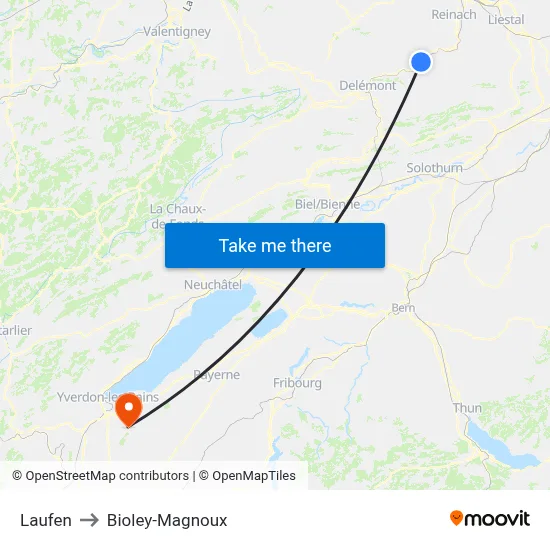 Laufen to Bioley-Magnoux map