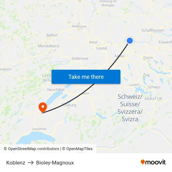 Koblenz to Bioley-Magnoux map