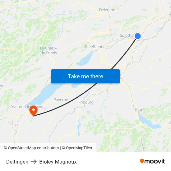 Deitingen to Bioley-Magnoux map