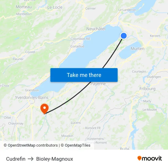Cudrefin to Bioley-Magnoux map