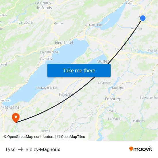 Lyss to Bioley-Magnoux map