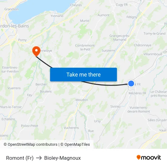 Romont (Fr) to Bioley-Magnoux map