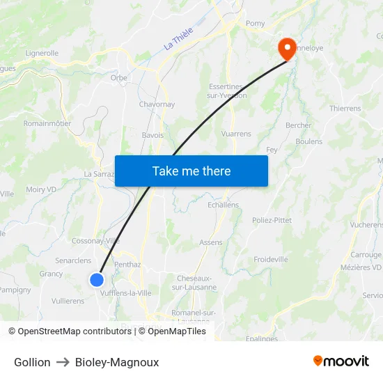 Gollion to Bioley-Magnoux map