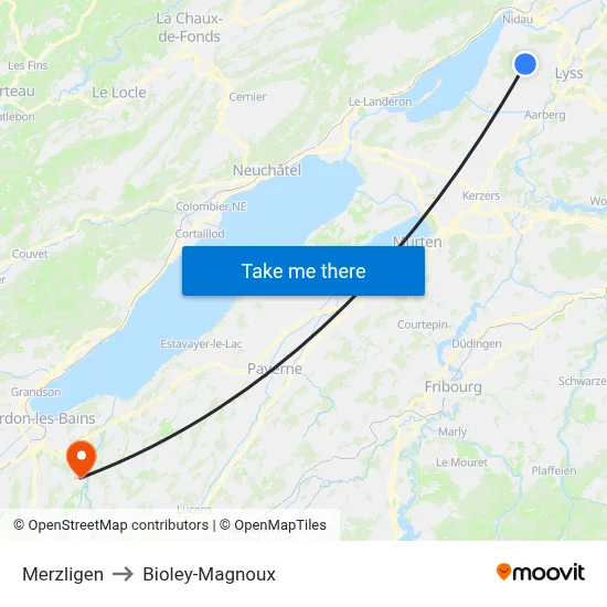 Merzligen to Bioley-Magnoux map