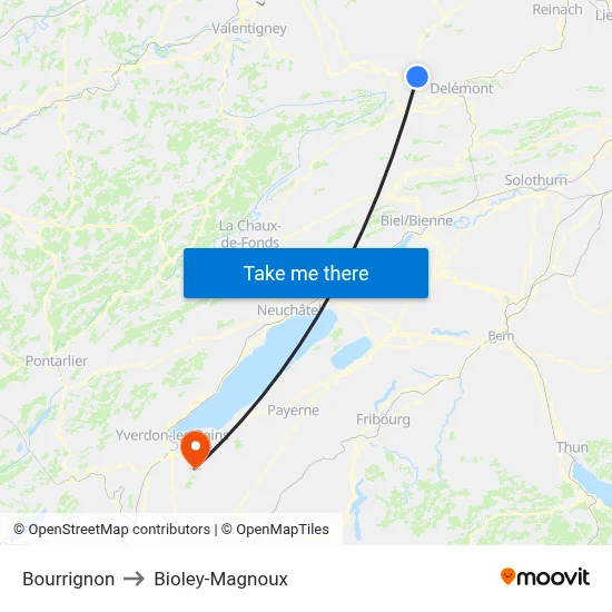 Bourrignon to Bioley-Magnoux map