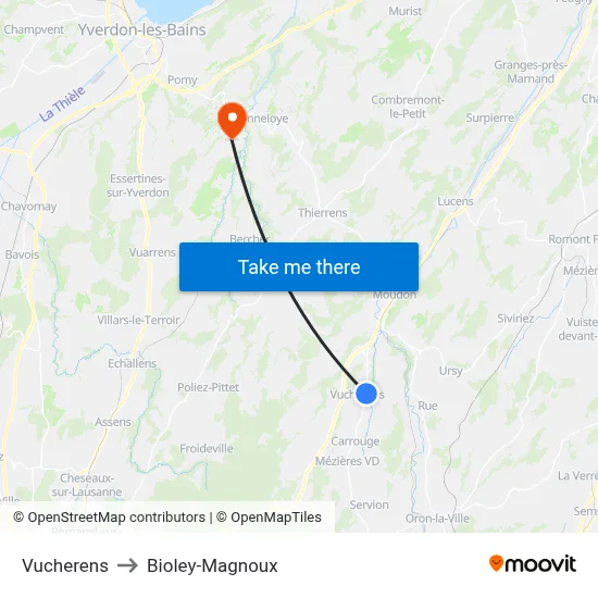 Vucherens to Bioley-Magnoux map