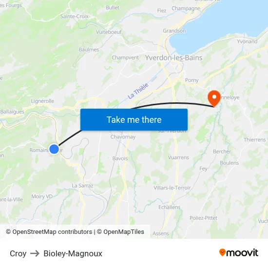 Croy to Bioley-Magnoux map