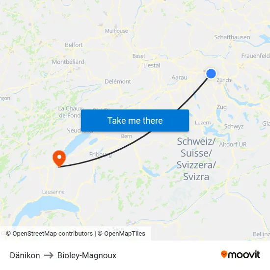 Dänikon to Bioley-Magnoux map