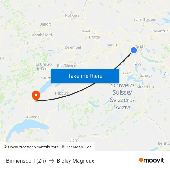 Birmensdorf (Zh) to Bioley-Magnoux map