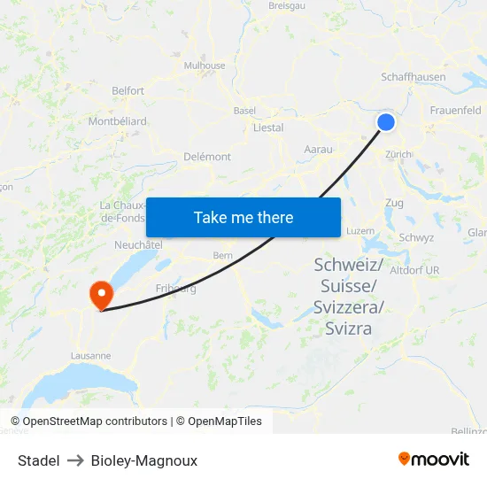Stadel to Bioley-Magnoux map