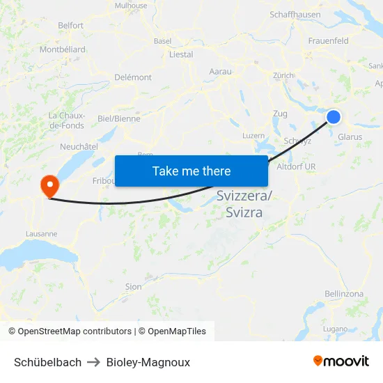 Schübelbach to Bioley-Magnoux map