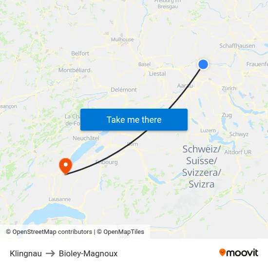 Klingnau to Bioley-Magnoux map
