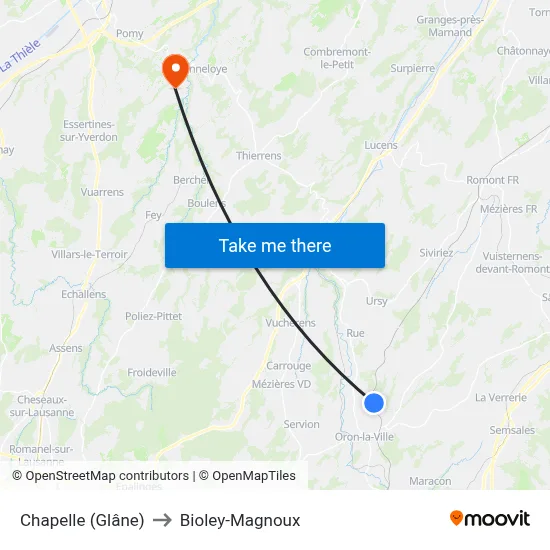Chapelle (Glâne) to Bioley-Magnoux map