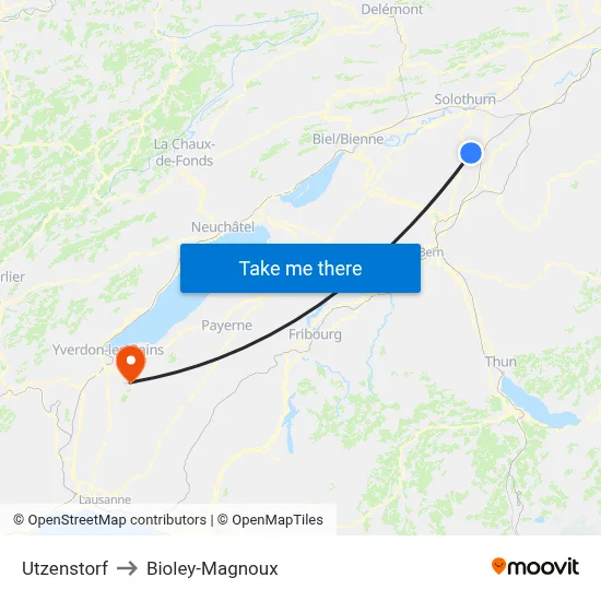 Utzenstorf to Bioley-Magnoux map