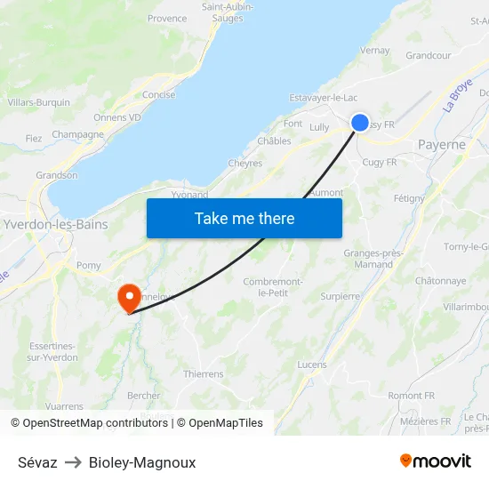 Sévaz to Bioley-Magnoux map