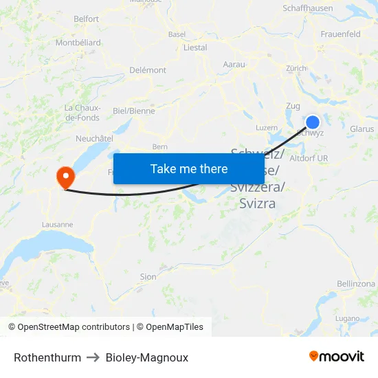 Rothenthurm to Bioley-Magnoux map