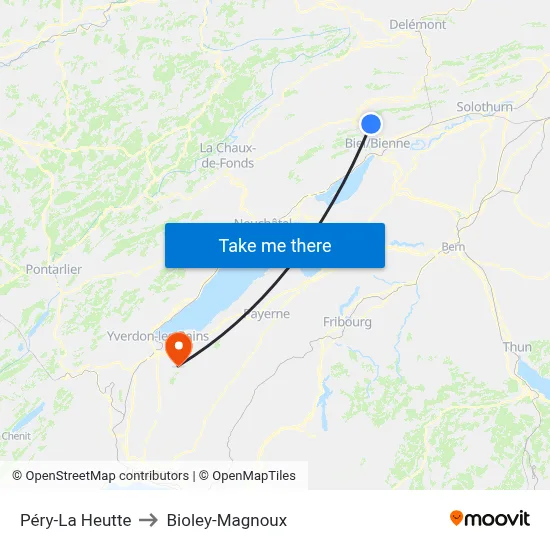 Péry-La Heutte to Bioley-Magnoux map